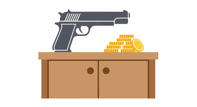 Gun and stacked coins resting on a wooden cabinet