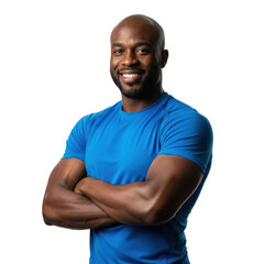 Fototapeta premium Muscular black man, mid-30s, shaved head, beard, blue t-shirt, arms crossed, smiling in a studio portrait, dramatic lighting, strength and confidence concept