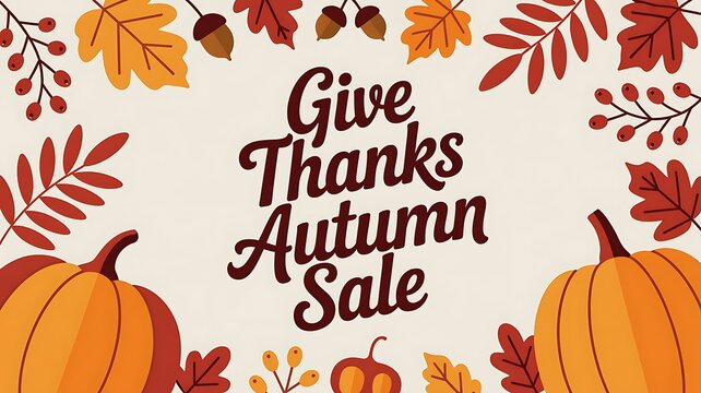 Give Thanks Autumn Sale Greeting Card with Ripe Pumpkins and Maple Leaves Pattern.