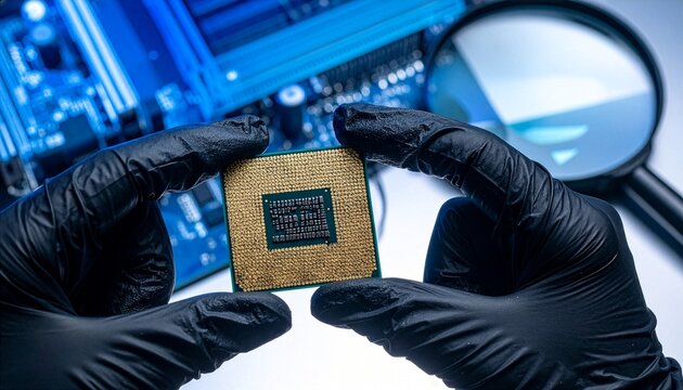 A gloved hand holds a computer processor with a magnifying glass and motherboard in the background, suggesting examination or repair of technology.