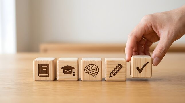 Person hand picking wood block with check mark among education icons on table.