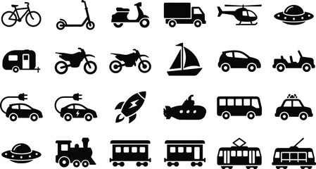 Black transport icons vector set featuring electric cars rocket ship submarine train and various vehicle silhouettes isolated on white background © Arifa