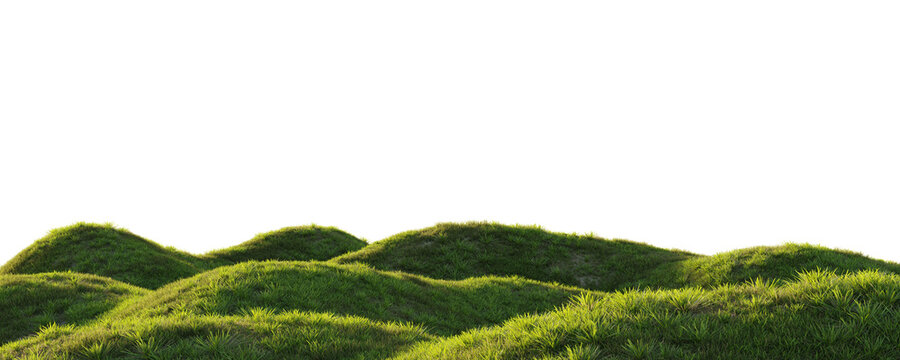 Rolling grassy terrain with lush green hills isolated on transparent background for environment design asset. 3D rendering.