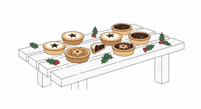 Hand-drawn festive mince pies with holly scattered on a wooden table