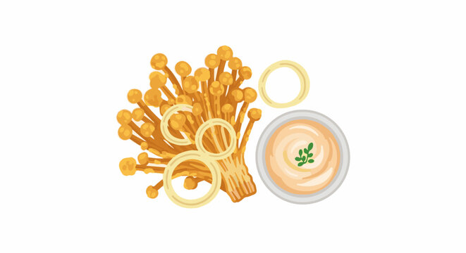 Golden enoki mushrooms with dipping sauce and onion rings
