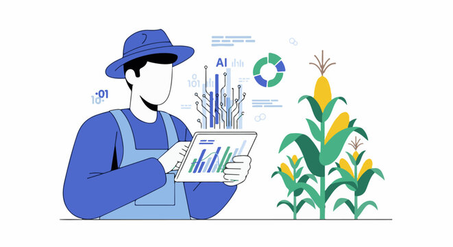 Farmer using tablet with AI data visualization in cornfield