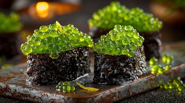 Umi budo sushi topped with fresh green sea grapes on a rustic platter