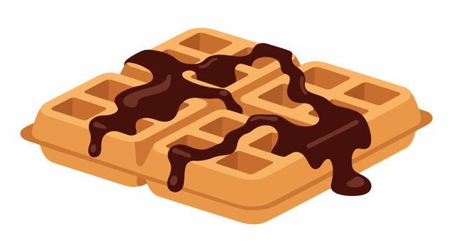 Golden waffles topped with rich, dark chocolate syrup