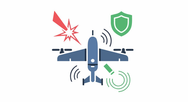 Drone with defensive and offensive symbols, representing security