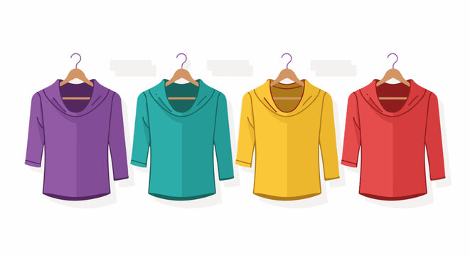 Four colorful women's tops with cowl necks hanging on wooden hangers