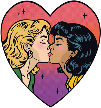 Vintage pop art comic illustration of two women kissing inside a heart frame representing lesbian love
