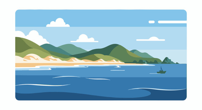 Gentle waves lap a sandy shore leading to green, rolling hills under a sky with clouds