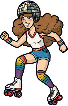 Retro 1970s style illustration of a young woman roller skating wearing disco ball helmet and rainbow socks