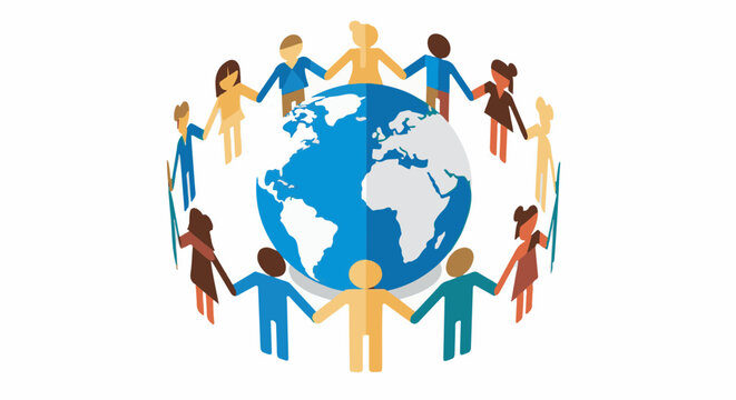 Diverse people holding hands in a circle around a globe