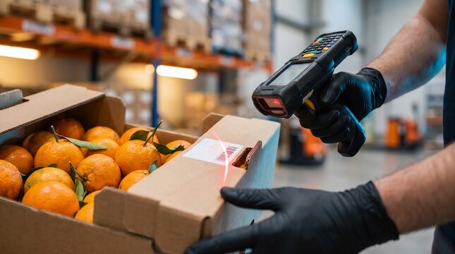 Barcode scanning of fresh mandarins in warehouse logistics and produce inventory management