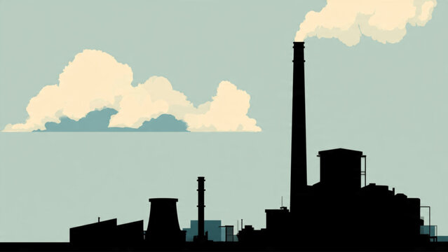 Industrial factory silhouette with smokestack against cloudy sky scene in muted tones