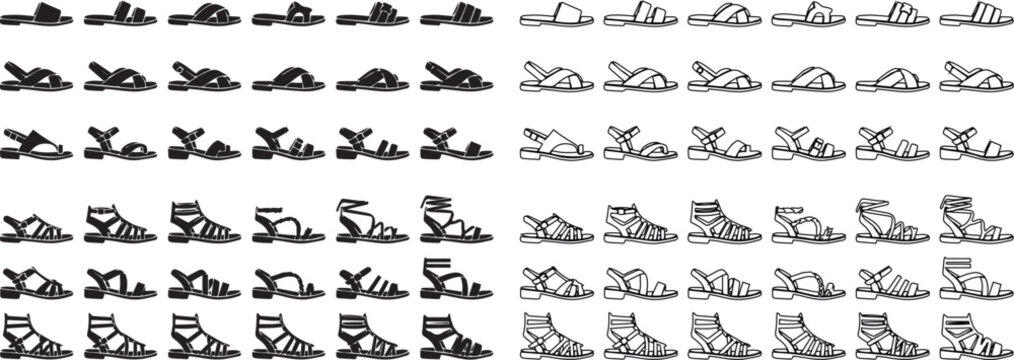 Minimalist summer sandals icon set, 72 flat and outline footwear vector elements, black and white fashion shoe symbols for retail and web design