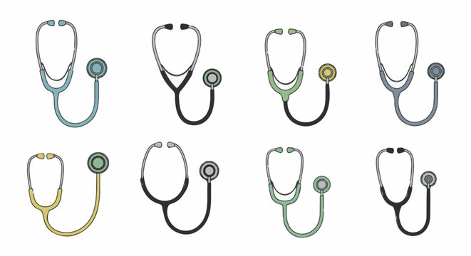 Eight colorful stethoscopes arranged in two rows, showcasing medical diagnostic tools