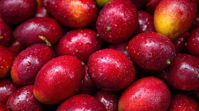 close up view of a large pile of fresh ripe red mango fruits with rich tropical colors, natural texture and juicy appearance, freshly harvested seasonal mangoes arranged together for market display, h
