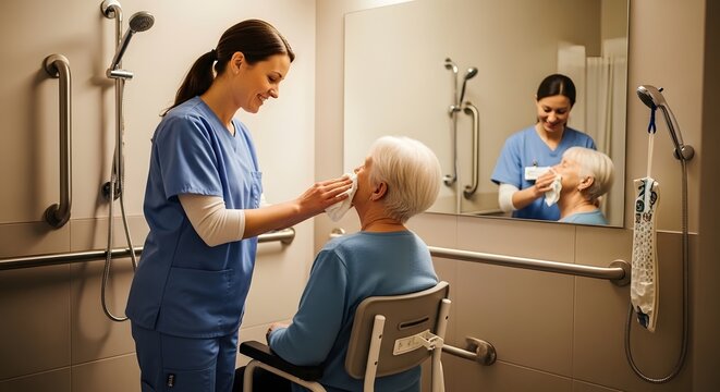Caregiver helping adult client with daily hygiene on a busy day for developmental disability professionals.