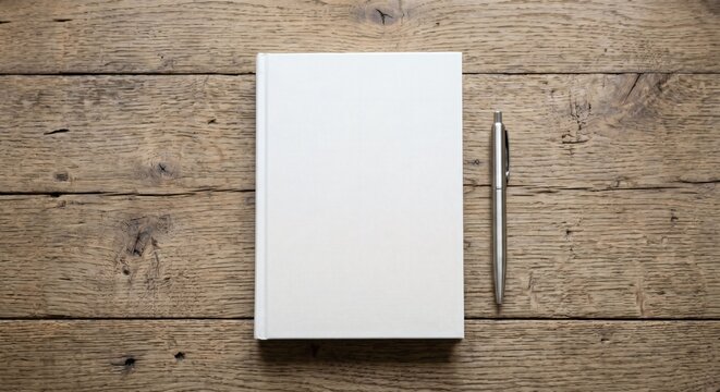 Blank closed white hardcover notebook mockup flat lay on wooden table
