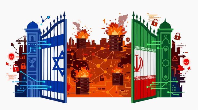 Geopolitical Conflict: An artistic representation of geopolitical tension between two nations, symbolized by open gates displaying national emblems.