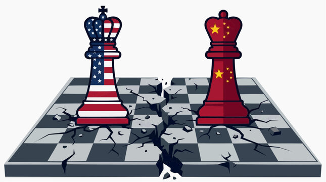 Geopolitical Chess Match: An illustration depicting a chess board split by cracks, with the chess king pieces representing the United States and China.