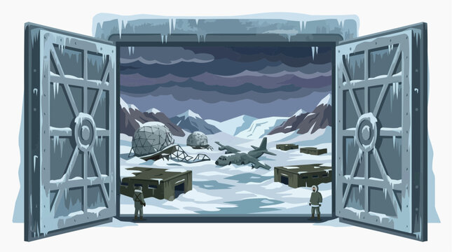 Arctic Outpost Revealed: Massive ice doors swing open to unveil a desolate arctic landscape with a crashed aircraft and scattered military shelters.