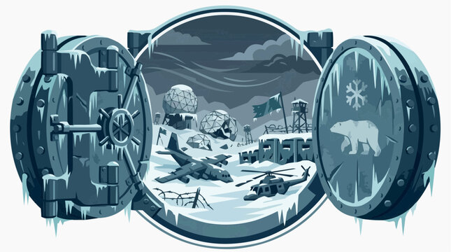 Frozen Fortress: A dramatic depiction of a secure, frozen military base revealed through an open vault door, showcasing aircraft, helicopters, and arctic structures under a desolate sky.