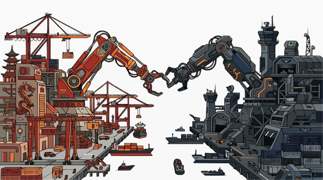 Robotic Arms Intersecting at Shipping Port: Two distinct shipping ports, one adorned with traditional East Asian architectural elements and the other appearing more industrial and modern.