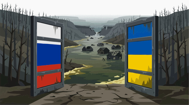 Wartorn Gateway: The shattered gates display the flags of Russia and Ukraine, revealing a desolate, flooded landscape of ruined homes, symbolizing the devastating impact of conflict.
