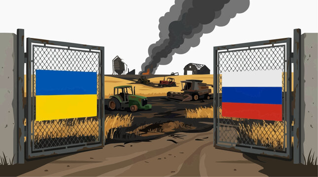 Grain conflict: Two open gates, adorned with the Ukrainian and Russian flags, lead to a scene of agricultural devastation, with burning farms and machinery under a smoky sky.