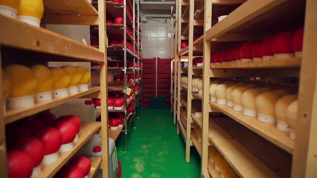 Whole Dutch red Edam cheese. Dutch cheese edam, gouda, piece and whole round wheel in a cheese store. Traditional Netherlands fresh product.