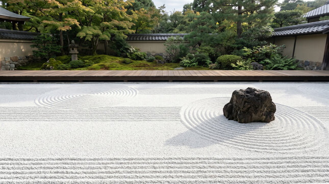 Minimalist Japanese Zen rock garden with white sand ripple patterns