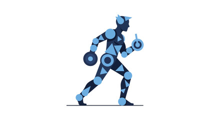 Fototapeta premium Abstract Human Figure Running with Geometric Shapes and Blue Tones, White Background