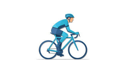 Fototapeta premium Cyclist in blue gear riding a bicycle on a white background, side view, active lifestyle