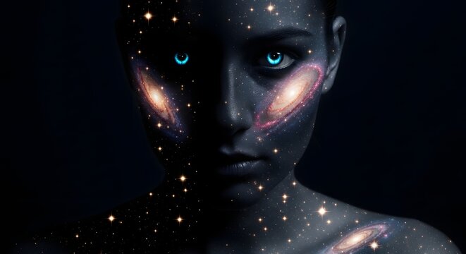 Beautiful woman face glowing with galaxy nebula. Deep space exploration and mystical astrology. Female portrait staring with cosmic eyes.