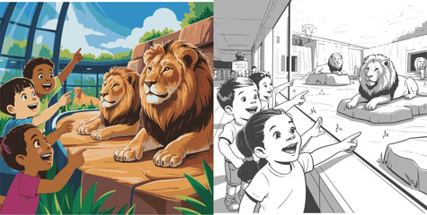 group of business people, group of people in the city,  Zoo, Lion, coloring, coloring book, drawing, children, fairy tale, sketch, clip art.