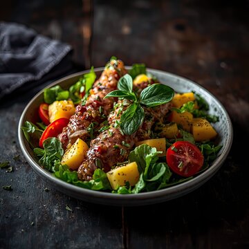Gourmet Grilled Sausage Salad with Roasted Potatoes, Cherry Tomatoes, and Fresh Basil in a Rustic Stone Bowl