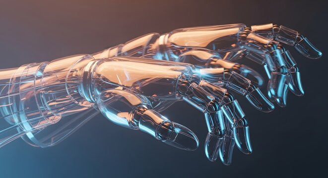 Transparent robotic hands reaching forward with neon glow. Advanced cybernetics and futuristic automation. Glass mechanical fingers extending in a dark environment.