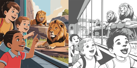 group of business people, group of people in the city,  Zoo, Lion, coloring, coloring book, drawing, children, fairy tale, sketch, clip art.