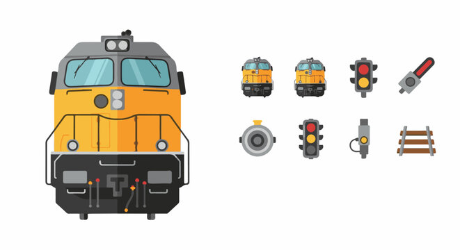 Front view of yellow and gray train with rail signals, switches, and tracks