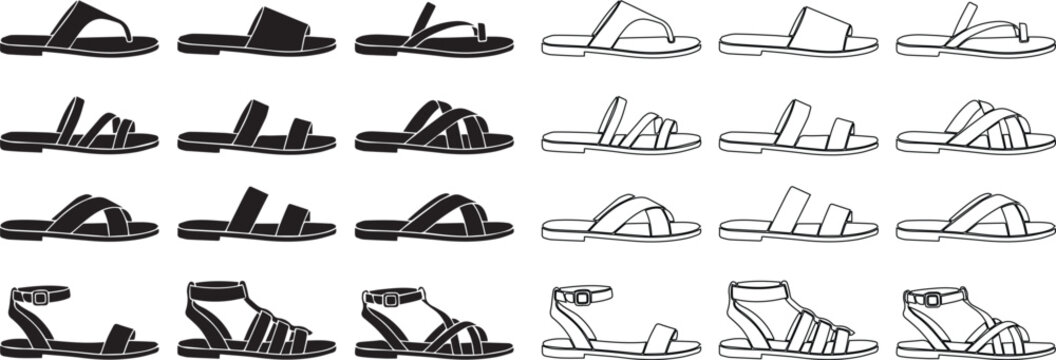 Minimalist summer sandals vector icons set, black and white female footwear silhouettes, 24 flat beach flip flops and elegant strappy shoes