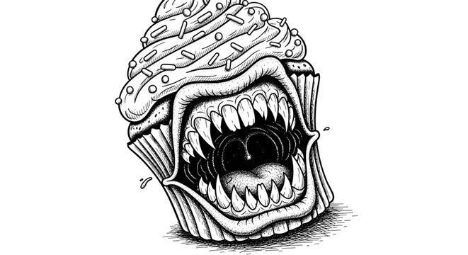 Scary cupcake with sharp teeth and open mouth illustration.