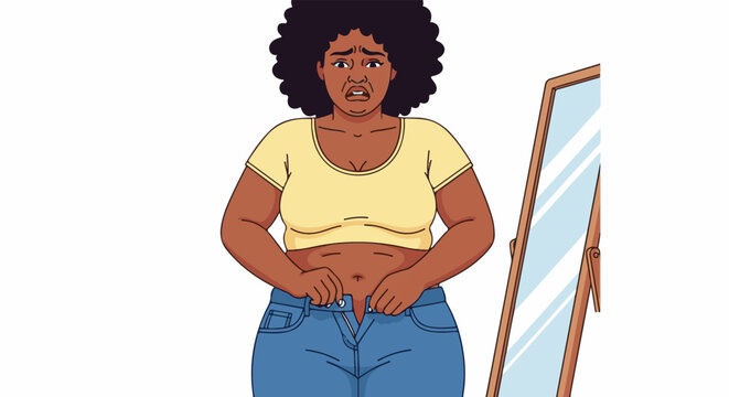 Frustrated person struggles to button jeans, looking in mirror