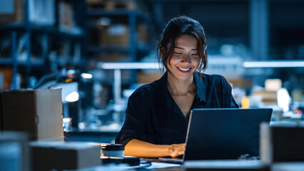 Fototapeta premium Dedicated Asia woman in logistics office using laptop to manage supplier orders and inventory distribution during evening overtime. 
