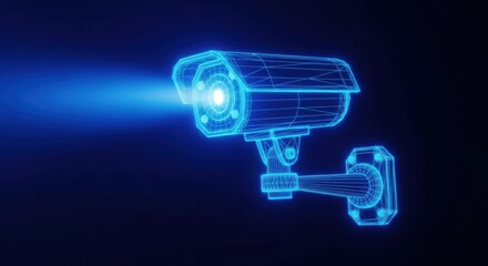 Obraz premium Digital wireframe security camera in glowing blue illustration