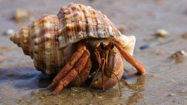 intertidal. Hermit crab occupying an abandoned seashell on a sandy beach, close-up, natural lighting. wildlife magazines, conservation campaigns, designed for nature documentaries and education.