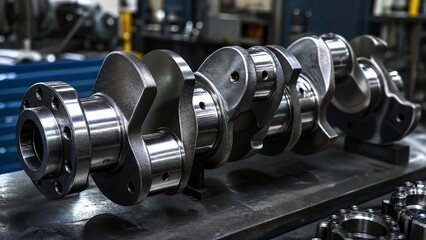 Fototapeta premium crankshaft. A polished engine crankshaft under workshop lighting, showing metallic sheen. safety posters, maintenance manuals, designed for industrial assembly lines and welding operations.