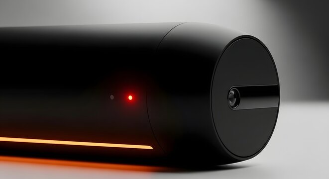Modern smart device with minimalist design and indicator light. Advanced home technology and connectivity. A sleek black cylindrical sensor or camera